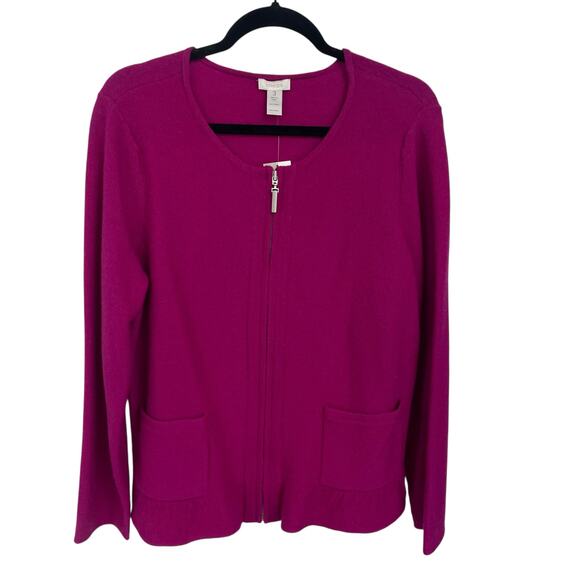 NWT Chico’s 100% Wool Ruffle Hem Renee Zip Up Cardigan Magenta Pink Womens 16 - Picture 1 of 5